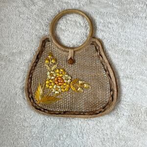Unbranded Flower Ribbon and wood handle rattan handbag